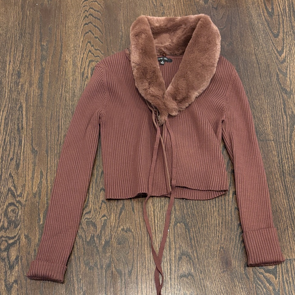 Love Tree Women’s Brown Faux Fur Collar Ribbed Cardigan Jacket Size Small